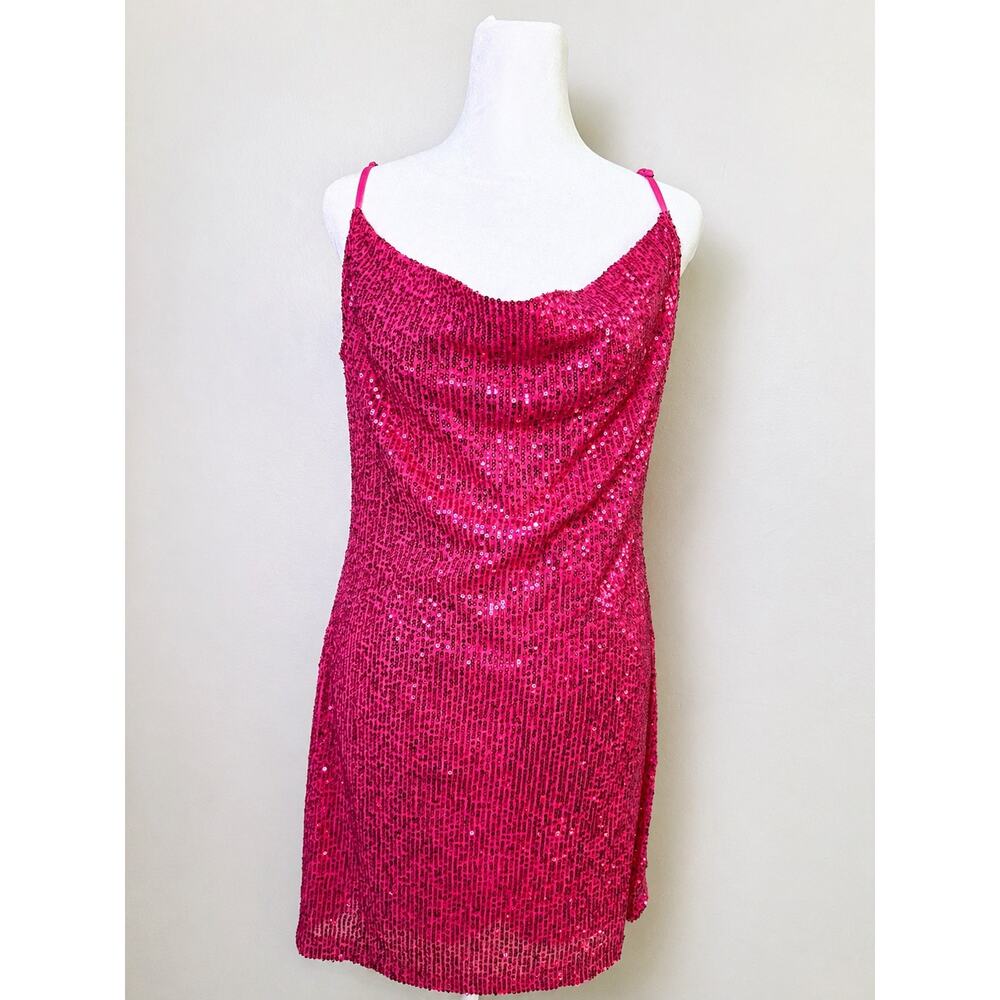 Steve Madden Revolve Pink Sequin Mini Dress Cowl Neck Strappy Party Club M - Picture 4 of 9